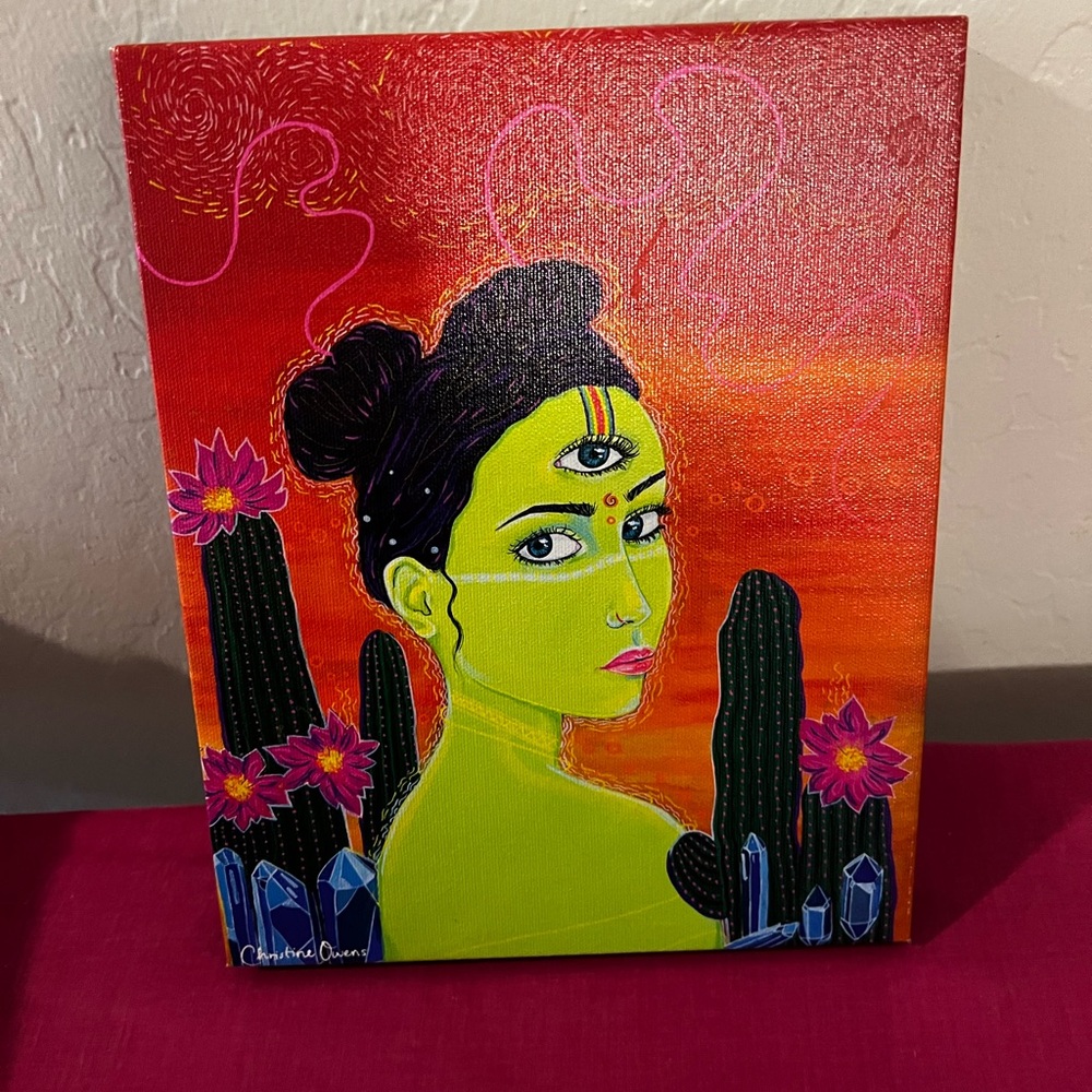 Vibrant Art Canvas with Cactus and Third Eye Motif